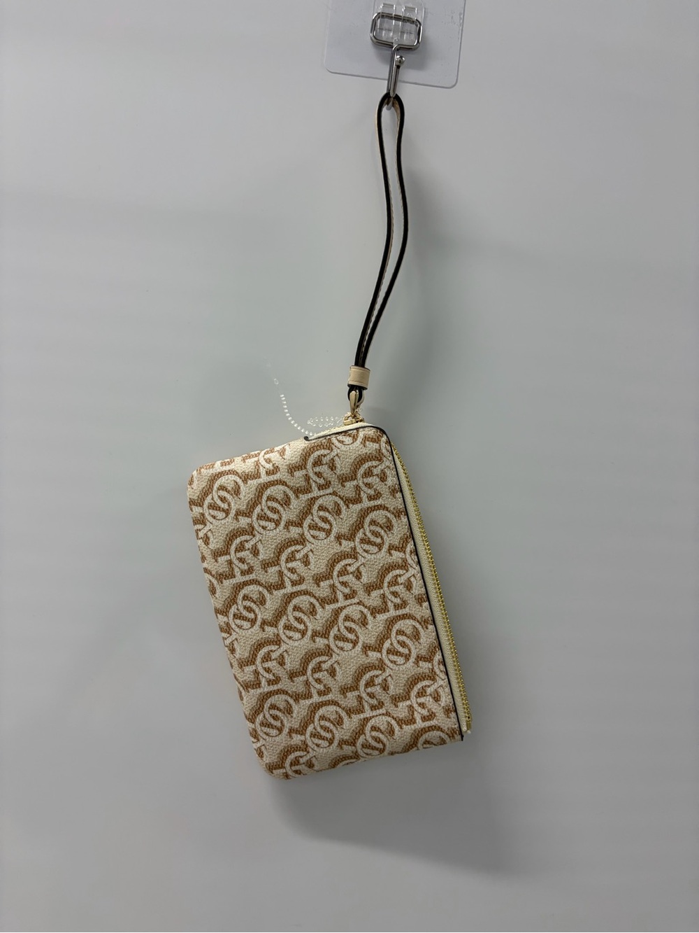Canvas Zip Wristlet in Beige Brown - Designer Monogram Style